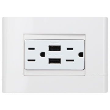 D 1 CONTACTO DUPLEX POLARIZADO Y ATERRIZADO CON PROTECCION INFANTIL Y DOS SALIDAS USB INCLUYE PLACA